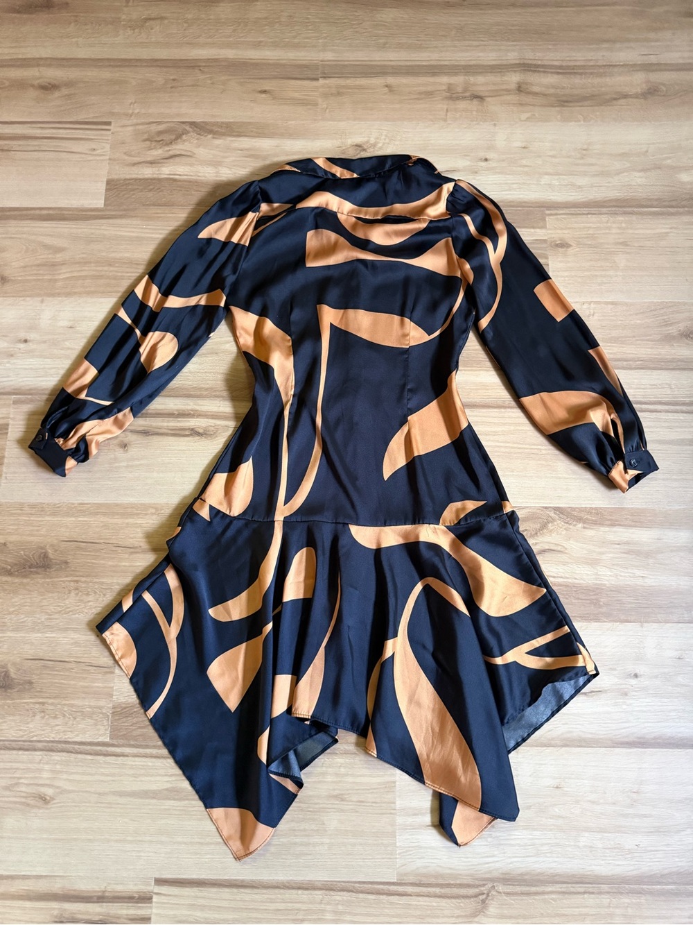 SCAPA Lauren Perre black and copper abstract shirt dress Sz M - Picture 3 of 6